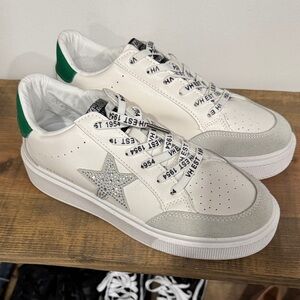 White Leather Sneakers with Green Heel and Crystal Star